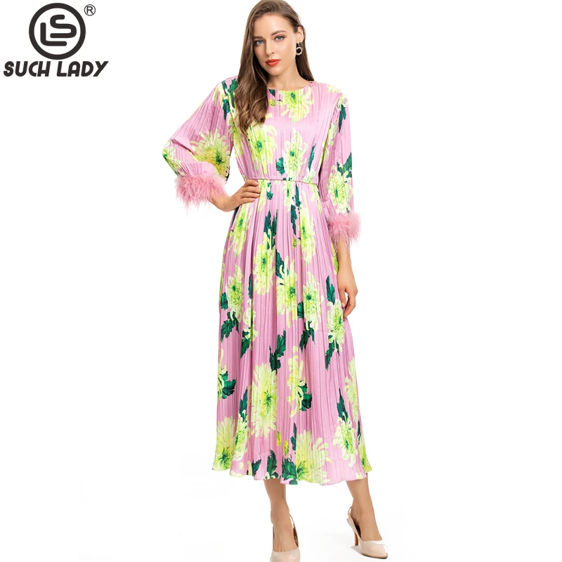 Women's Runway Dresses O Neck 3/4 Sleeves Printed Pleated Feather Piping Elegant Fashion Designer Vestidos