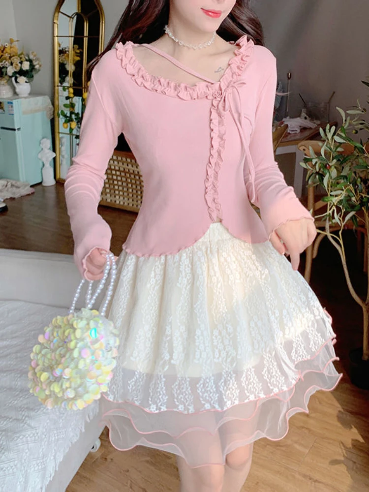 

Women Summer Elegant Two-peicet Set Bandage Sweet Kawaii Skirt Female Holiday Patchwork Lace Korean Fashion Casual Set 2022 New