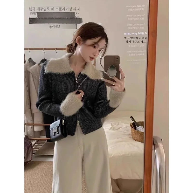 Двойная молния с лацканами норковые бархатные манжеты лоскутный свитер верхняя