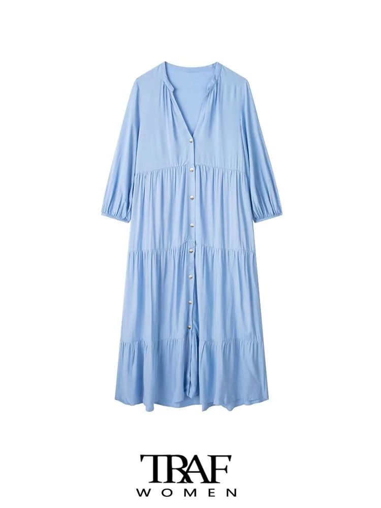 

Платье-миди с длинным рукавом, V-образным вырезом и пуговицами спереди