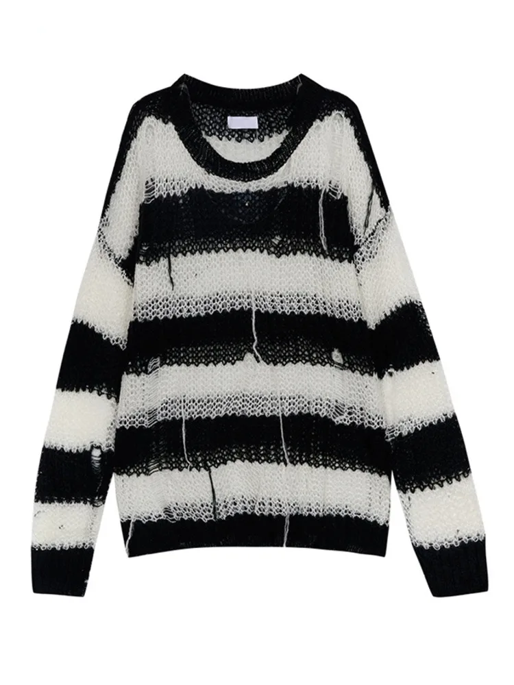 

Женский вязаный свитер в полоску, пуловер оверсайз с длинным рукавом и круглым вырезом, джемпер для осени и весны, 2022