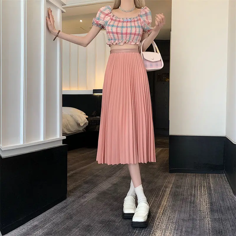 

Женская винтажная плиссированная юбка, розовая длинная трапециевидная юбка средней длины с высокой талией, одежда для плявечерние и вечеринки в Корейском стиле на день рождения, 2022