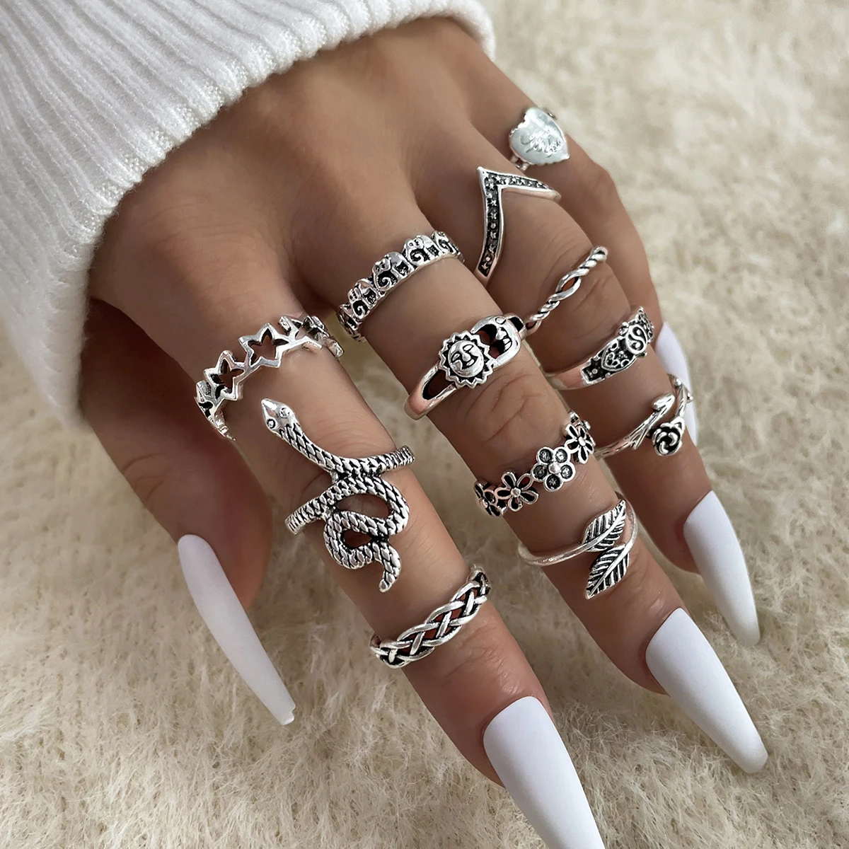 

Aprilwell 12 Pcs Ethnic New Style Snake Rings Set for Women Silver Color Punk Geometric Element 2022 Trendy Lady Jewelry Anillos