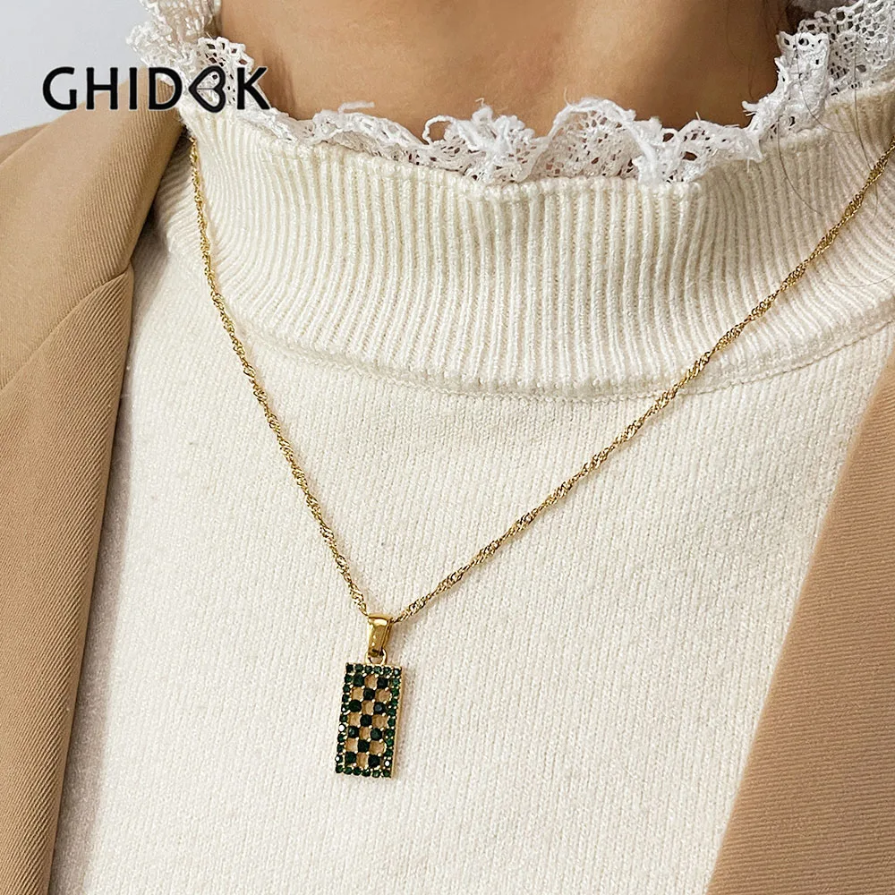 

GHIDBK 18K Pvd Gold Plated Stainless Steel Water Wave Chain Mirco Pave Clear Green Cz Square Coin Pendant Necklaces Layering
