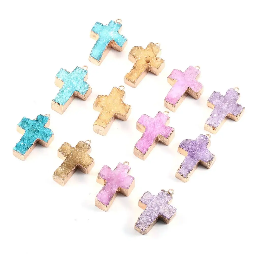 

Natural Stone Cross Agate Crystal Bud Gold Plated Pendant For Jewelry MakingDIY Necklace Earring Accessories Gems Charms Gift1PC
