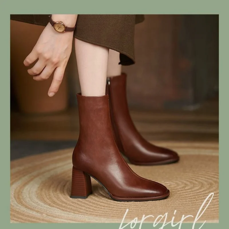 Осень и зима 2024 новые универсальные ботинки телесного цвета женские на толстом