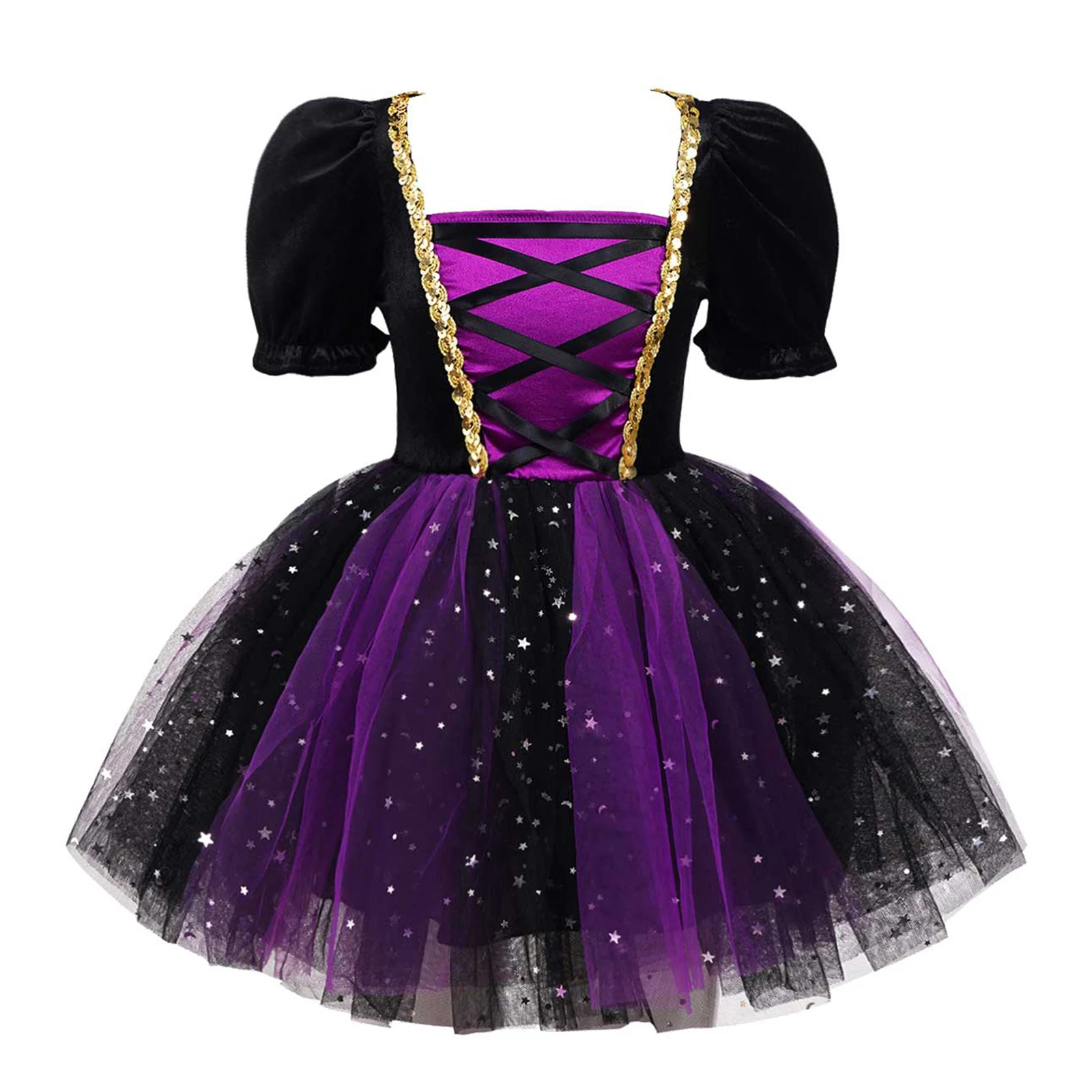 

Halloween Kids Girls Witch Queen Cosplay Costume Short Bubble Sleeve Glittery Mesh Tutu Dress for Carnival Party Performance