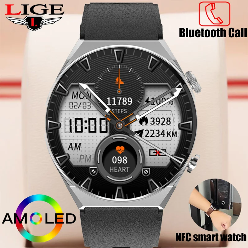

LIGE NFC Access Control Smart Watch Men 454*454 AMOLED HD Screen Bluetooth Call 320mAH Large Capacity Battery Smartwatch 2022