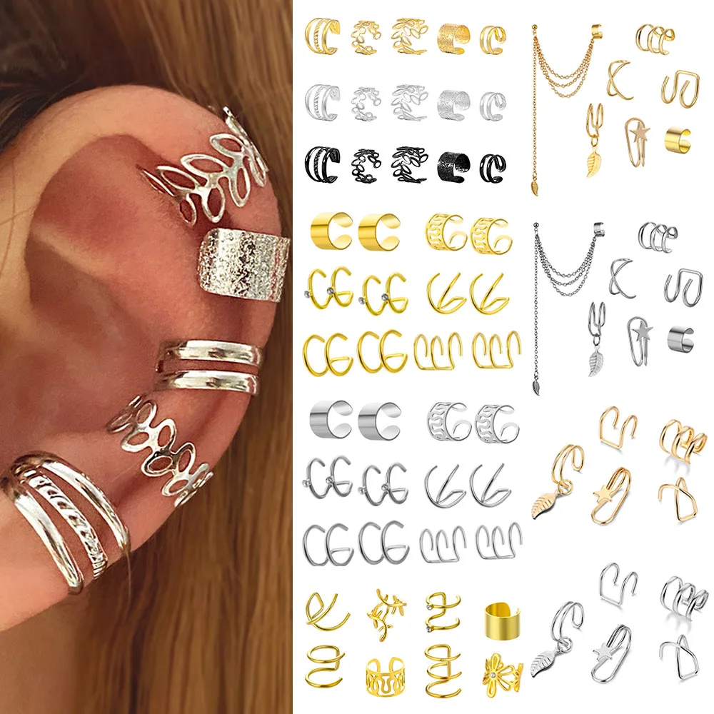 

IFKM Silver Color Leaves Clip Earrings for Women Men Creative Simple C Ear Cuff Non-Piercing Ear Ear Clip Set Trend Jewelry Gift