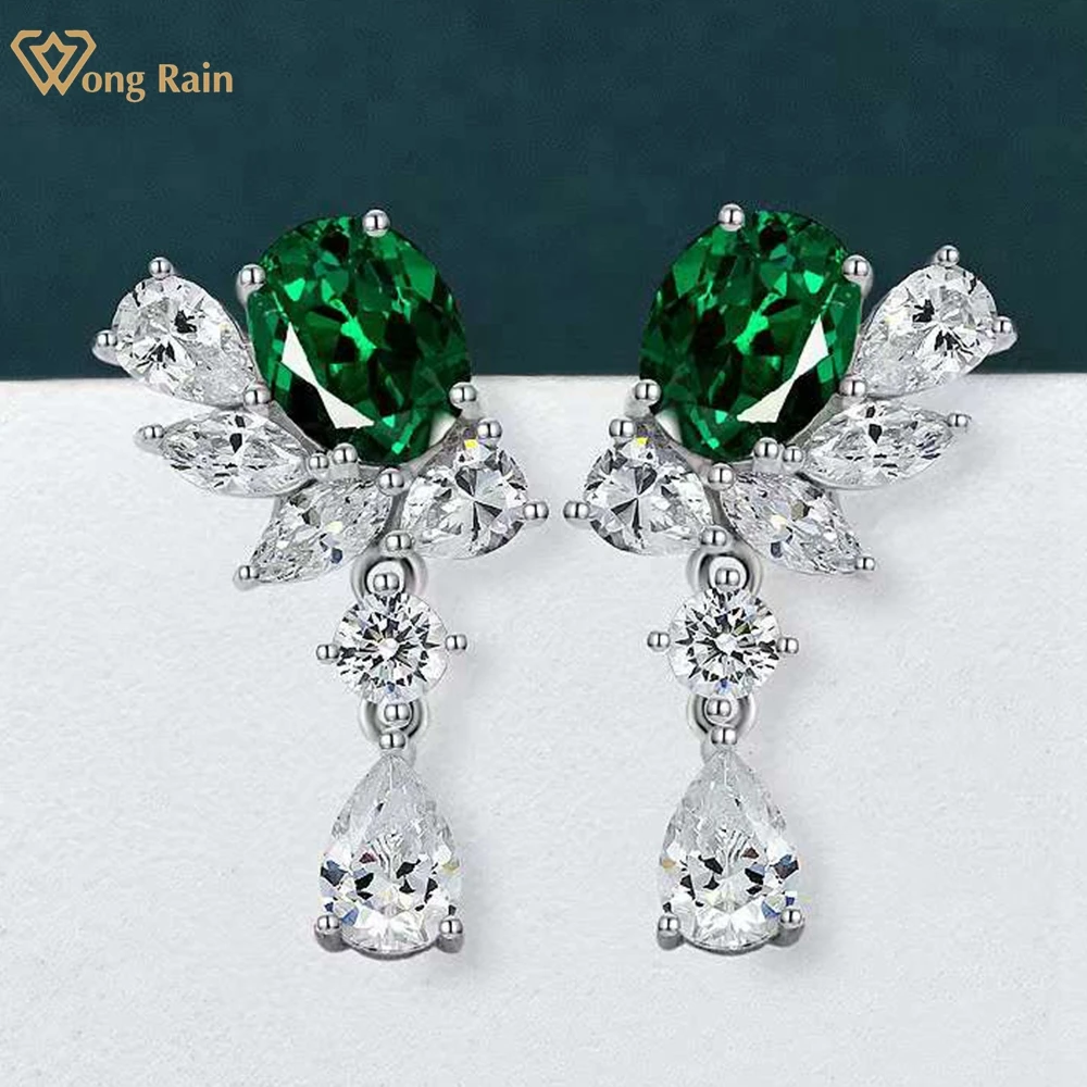 

Wong Rain 925 Sterling Silver Pear Created Moissanite Emerald Gemstone Wedding Party Luxury Dangle Earrings Studs Fine Jewelry