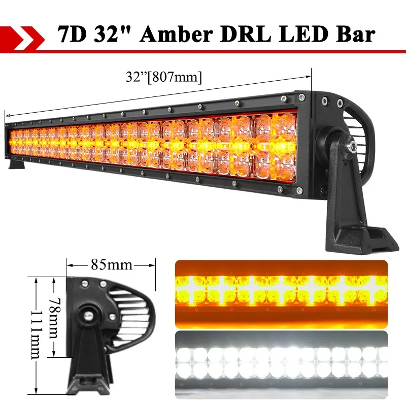 

7D Янтарная световая панель DRL 12 В 24 В Мощная светодиодная рабочая фара на крыше грузовика Противотуманная фара для 4x4 Jeep Off Road SUV Boat Pickup ATV