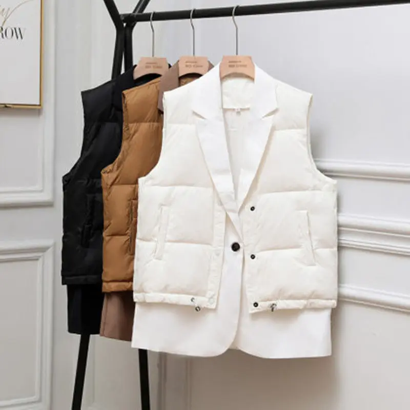 

Women Down Vests 2022 Autumn Winter Casual Turn-down Collar Ladies Sleeveless Short White Duck Down Coats Streetwear Female E111