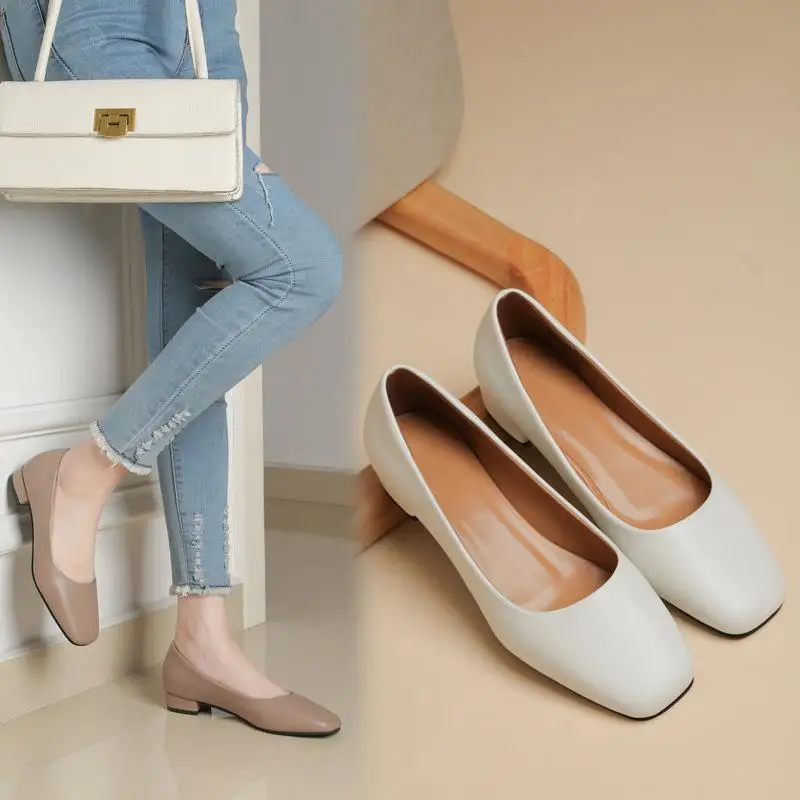 

Spring Summer New Ladies Pumps Leather Pointed Toe Square Heels Party Shoes High Quality Comfort Party Wedding Office Shoes