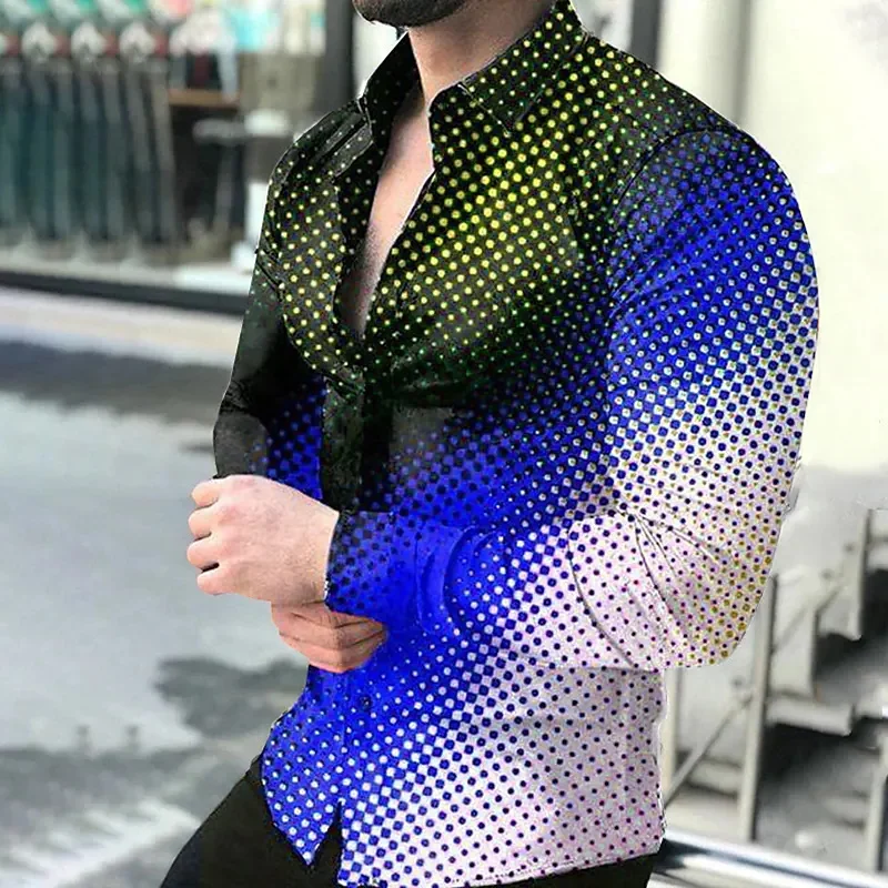 2022 Men's Long Sleeve Shirt Gradient Dot 3D Brand Printing Fashion Cardigan Single Breasted Spring Autumn Hawaiian Harajuku Top