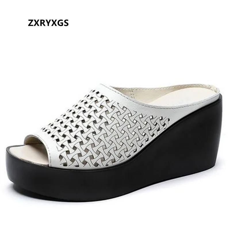 

2022 New Summer Fish Mouth Hollow Sandals Genuine Leather Slippers Platform Wedges Outer Wear High-heeled Slippers Women Sandals