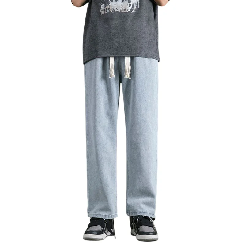 Summer Drawstring Jeans Men Fashion Retro Harajuku Straight Jeans Men Streetwear Hip-hop Loose Denim Pants Mens Trousers S-3XL