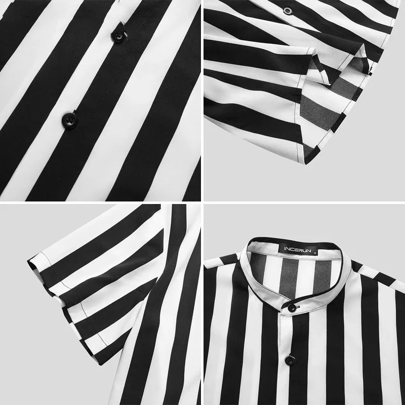 2022 New Men's Striped Shirt Size S-3XL Summer Blouse Black Printing Short-Sleeved Casual Men's Sexy Stand-Up Collar Shirts