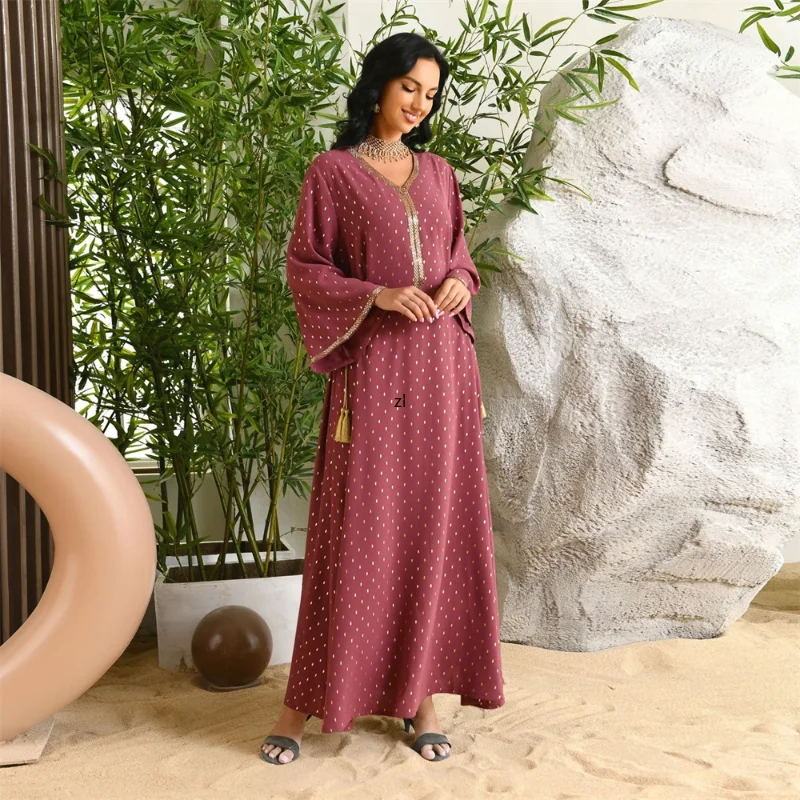 Abaya Dubai Eid Long Sleeve Dress Fashion Polka Dot Print Belted Kaftan Turkey Dresses For Women African Designer