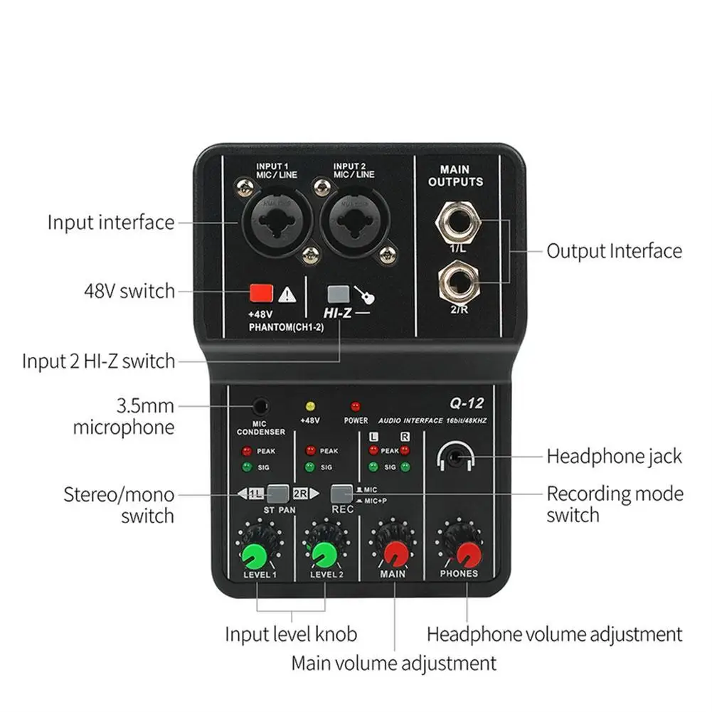 Q12 аудио интерфейс Usb звуковая карта без привода портативный мини 2-полосный - Фото №1