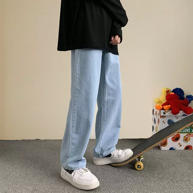 New in Autumn New Streetwear Baggy Jeans Men Korean Fashion Loose Straight Wide Leg Pants Male Brand Clothing Black Light Blue t