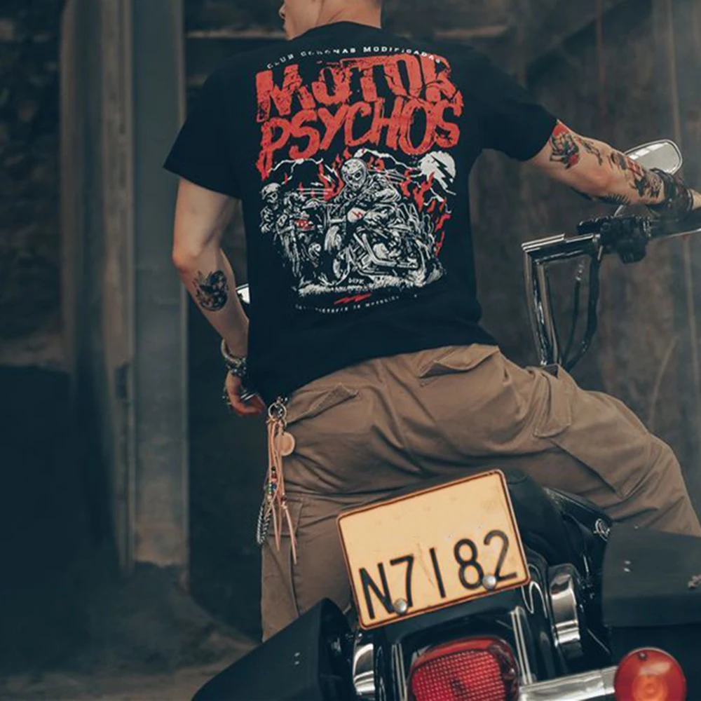 

Cotton Short-sleeved Men's Heavy-duty West Coast Locomotive Motorcycle Half-sleeved Rock Retro Amy Khaki Skull Print Hiphop