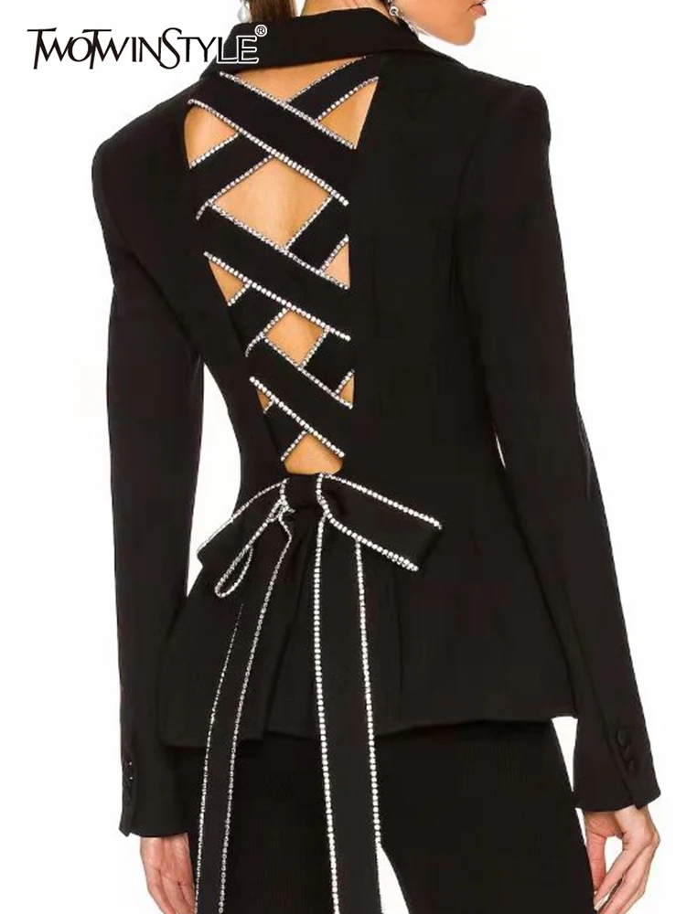 

TWOTWINSTYLE Cut Out Black Blazer For Women Notched Collar Long Sleeve Solid Minimalist Sexy Blazers Female Spring Fashion Style