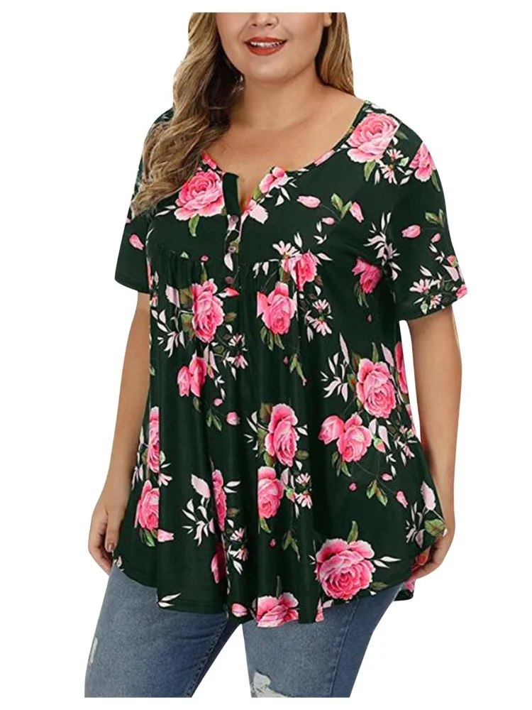 Summer New V-neck Button Large Printed T-shirt plus size women clothing  plus size summer outfits