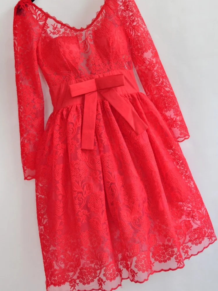 Сезон весна-осень Длинные рукава женское бальное платье принцессы Красный