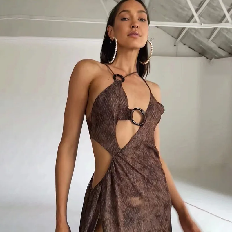 

Пикантная длинная юбка на бретелях, коричневое плиссированное платье без рукавов с глубоким вырезом, облегающее платье с открытой спиной и ...