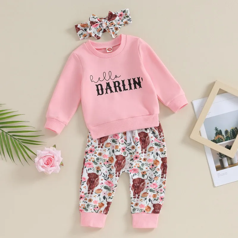 

Комплекты брюк для новорожденных девочек, весенне-осенняя одежда, 3 предмета, свитшот с длинным рукавом и принтом в виде коровы в западном стиле, приблизительные размеры