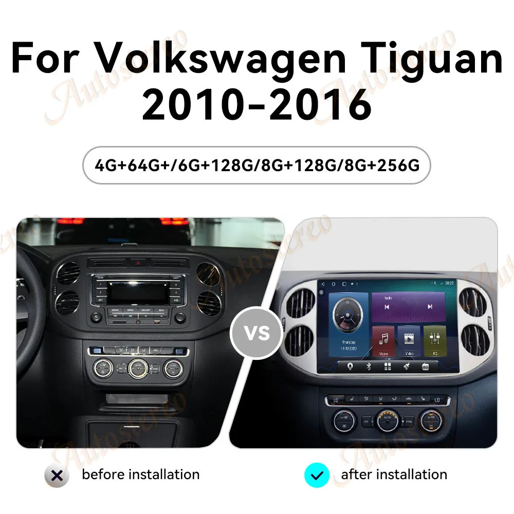 Фото 10,2-дюймовый автомобильный радиоприемник, аудиомагнитофон Android14 для Volkwagen Tiguan 2010-2016, автомобильный мультимедийный GPS-плеер, магнитофон, стерео №2
