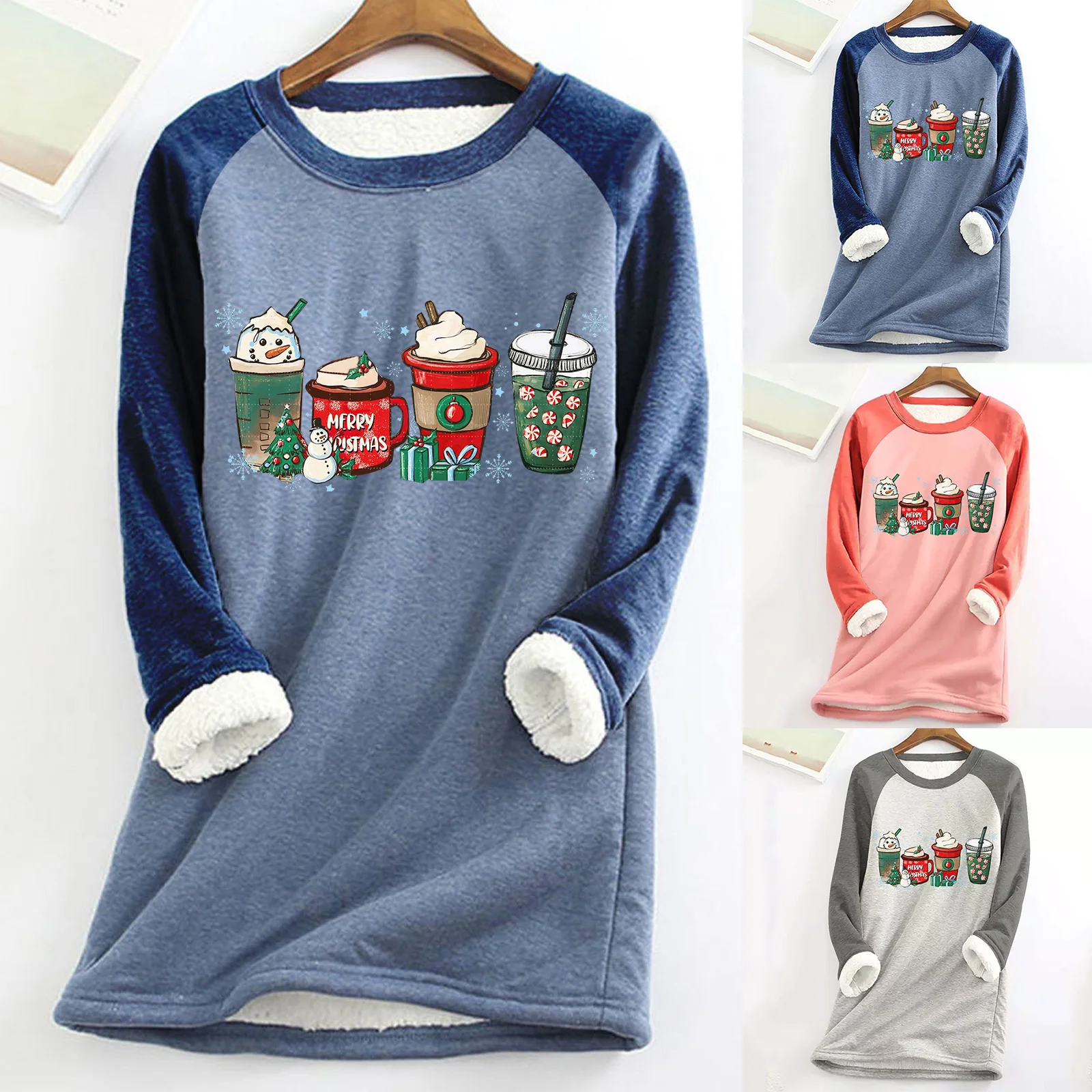 

Winter O Neck Fleece Top Thermal Women Underwear Thick Fleece Sweatshirt Blouse Women Patchwork Christmas Fleece Base Layer Men