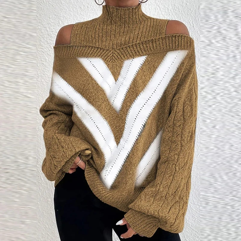 

Sexy Off Shoulder Lantern Long Sleeve Tops Pullover Women Casual Patchwork Knitted Sweater Winter Elegant Turtleneck Warm Jumper