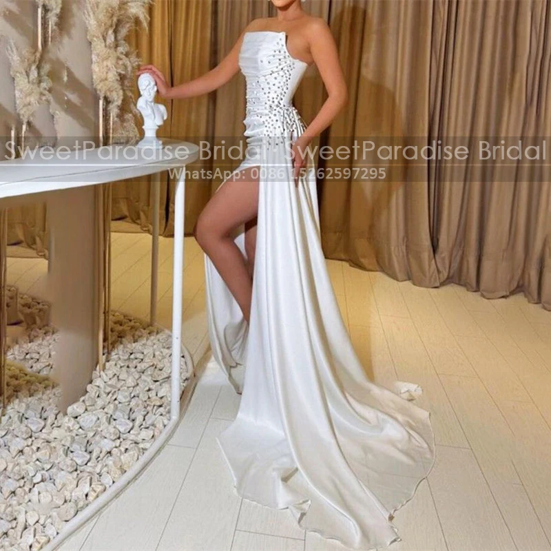 

Белое длинное вечернее платье с бусинами, длинное платье-Русалка с разрезом сбоку, без бретелек, платье-футляр для официальной вечеринки, платье