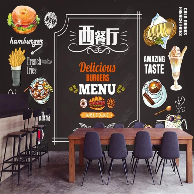 

Hand-painted Burger Western Restaurant Industrial Decor Custom Wallpaper Mural 3D Wall Paper Fast Food Self-adhesive Wallpaper