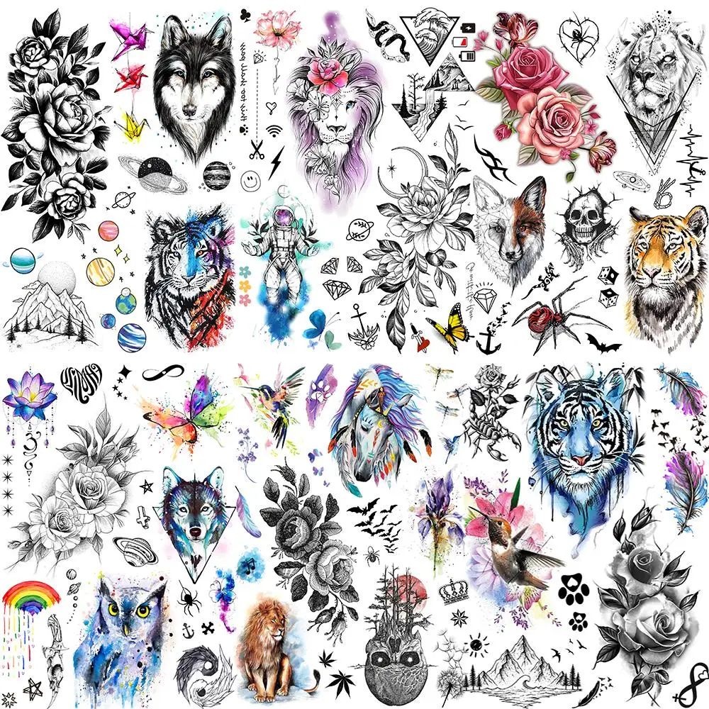 

DIY Watercolor Wolf Lion Temporary Tattoos For Women Men Realistic Tiger Flower Owl Fake Tattoo Sticker Washable Body Art Tatoos