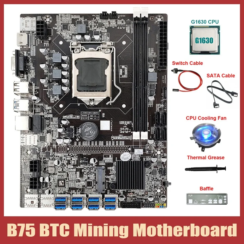B75 8USB ETH Mining Motherboard+G1630 CPU+Fan+Switch Cable+SATA Cable+Baffle+Thermal Grease B75 BTC Miner Motherboard