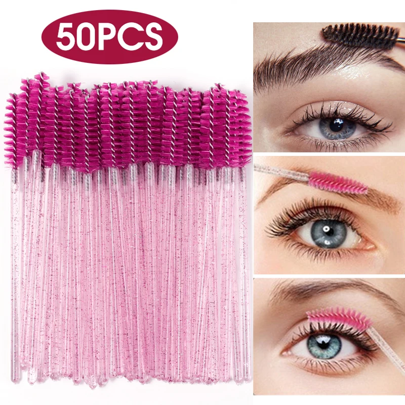 

50Pcs Makeup Brushes Disposable Crystal Eyebrow Eyelash Brush Diamond Handle Mascara Wand Applicator Eye Lashes Extension Tools