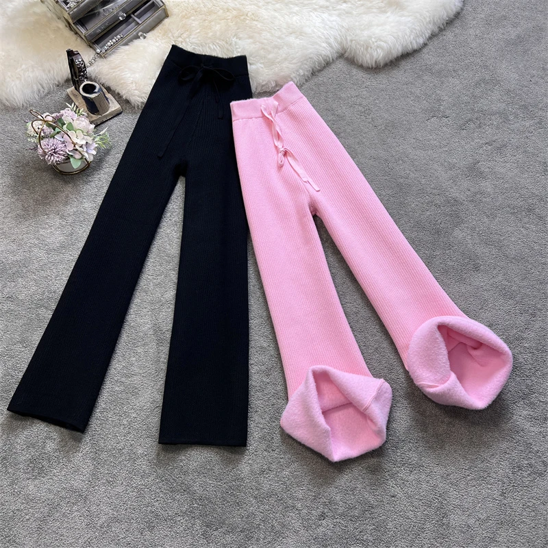 

Winter Plush And Thick Warm Wide-Leg Pants Women's Pink Trousers Loose Casual Straight Pants Female Clothing