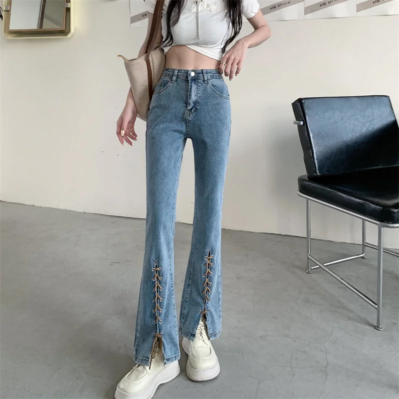 

DD2000 New loose all-match thin slit straps micro-bladed jeans women's high waist trousers jeans