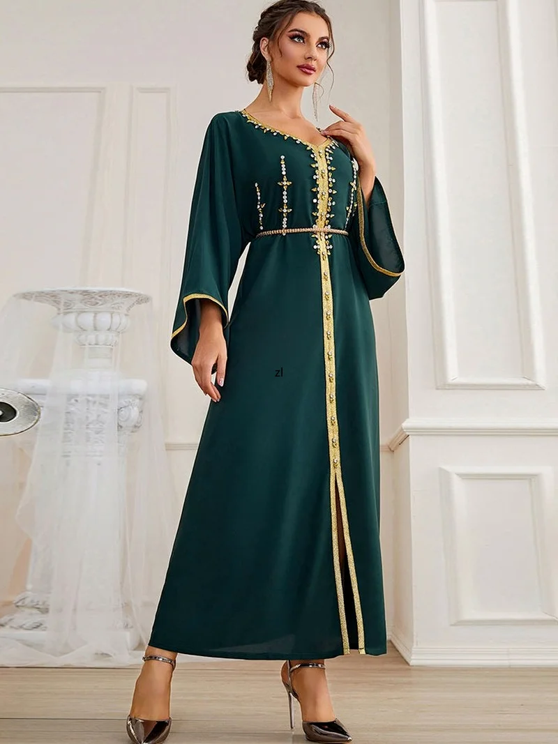 

Women's Elegant Dress 2022 Diamonds V-Neck Belt Long Kaftan Casual Loose Abaya Dubai Holiday Muslim Arab Dresses