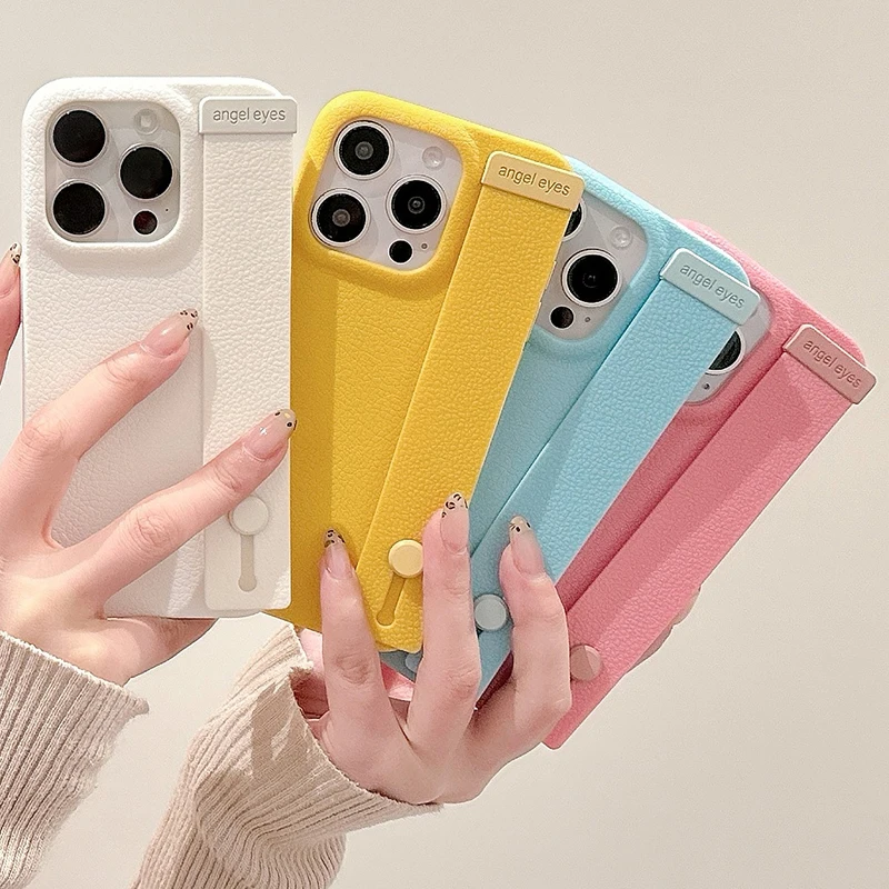 Candy Color Wrist Strp Holder Stand Leather Texture Case For iPhone 16 15 13 14 12 Pro Max Soft Silicone Cover With Bracket