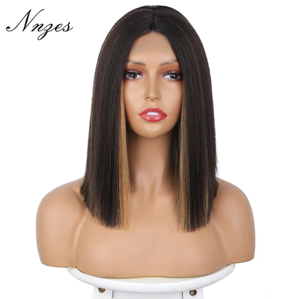 

NNZES Synthetic Wigs Highlight Short Straight Wig for Black Women Honey Blonde Mix Black Middle Part Wig for Daily Cosplay Use