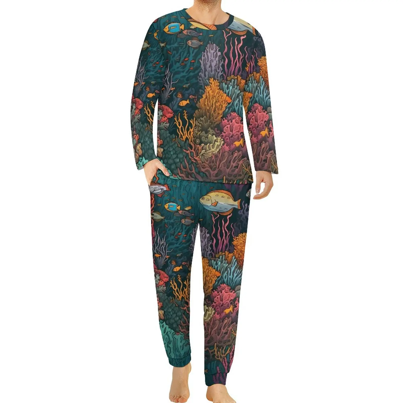 

Пижама тропическая мужская из 2 предметов, ретро пижамный комплект с принтом кораллового рифа, дизайнерская одежда для сна с длинным рукавом, большой размер 5XL, весна