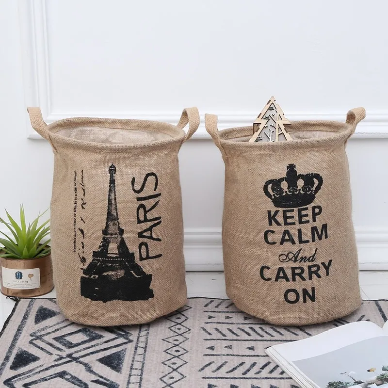 Natural Jute Storage Bucket Crown Tower Letters Foldable Portable Clothing Children's Toys Storage Bedroom Living Room Finishing