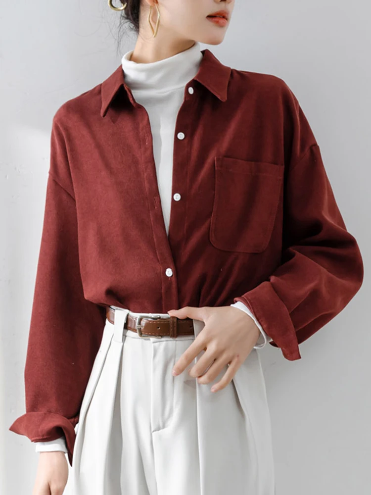 Вельветовая рубашка в стиле ретро женская однобортная блузка с отложным