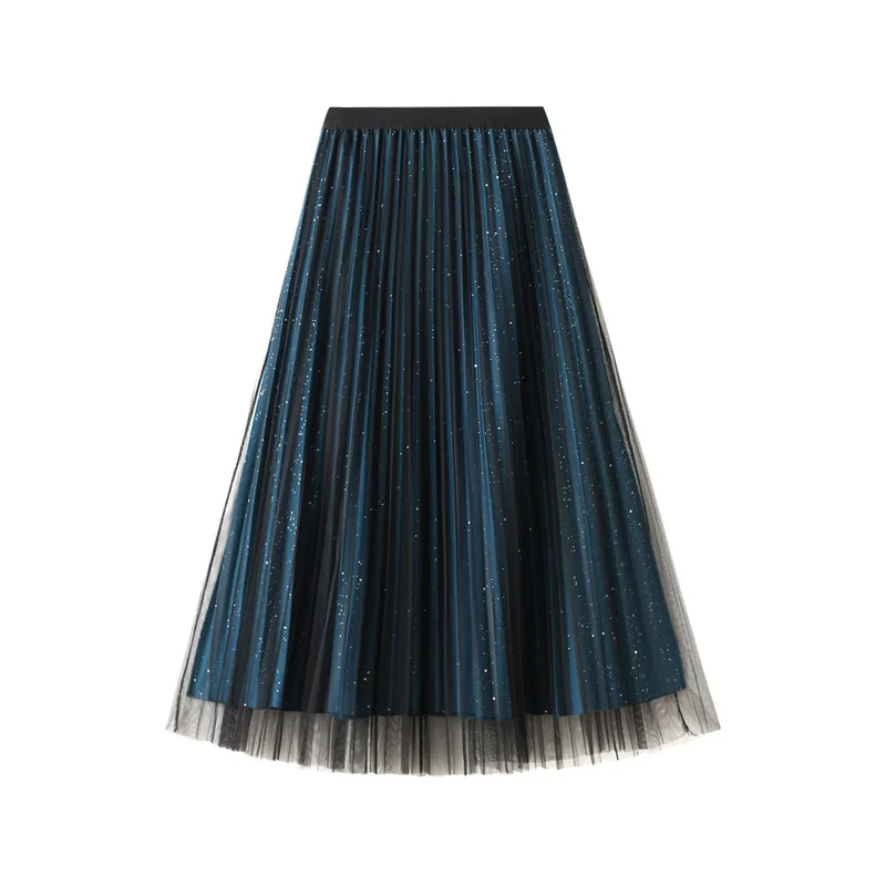 Blue Sequined Tulle Skirts Women 2022 Autumn Winter Shiny Bright Side Skirt Female Midi Long Pleated Skirt