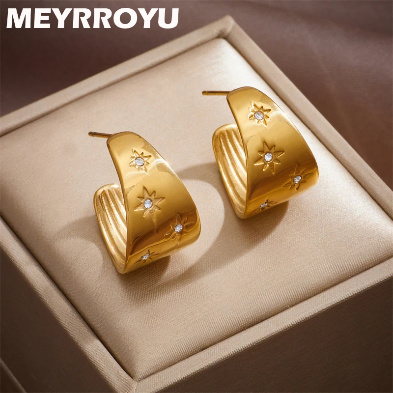 

MEYRROYU 316L Stainless Steel New Gold Color Star Zircon C Sharp Geometric Stud Earrings For Women Party Gifts Bijoux Brincos