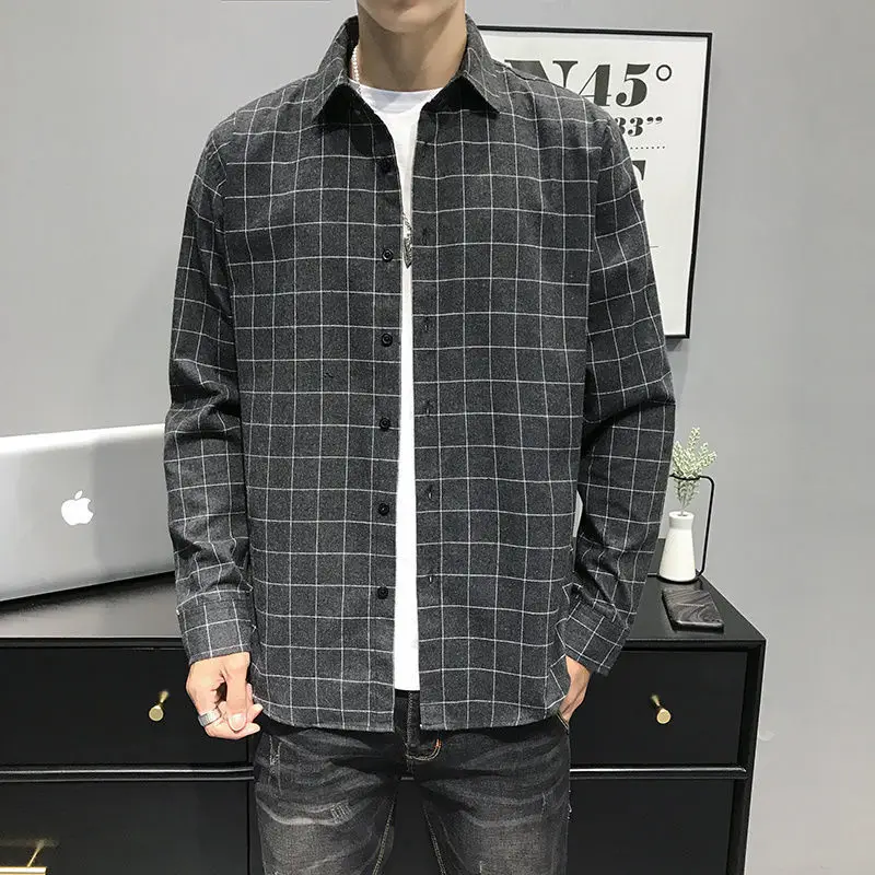 Fashion Lapel Button Spliced Pockets Lattice Shirts Men's Clothing 2022 Autumn New Oversized Casual Tops All-match Korean Shirt