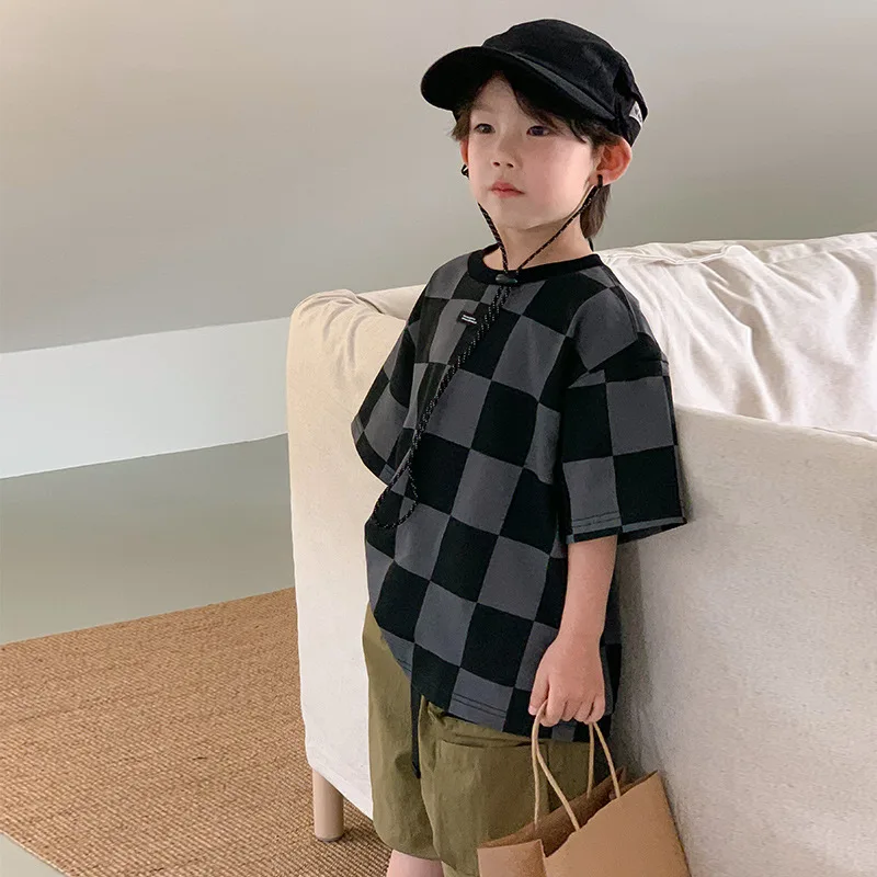 

Детская Хлопковая футболка с коротким рукавом, с шахматным принтом